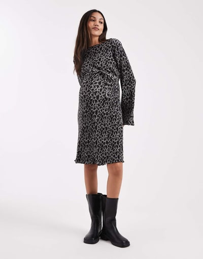 ASOS Mamalicious Maternity plisse belted mini dress in gray leopard print