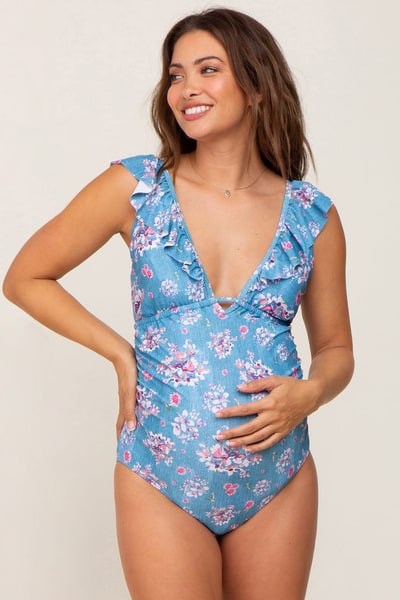 PinkBlush Teal Floral Ruffle Maternity One-Piece Swimsuit