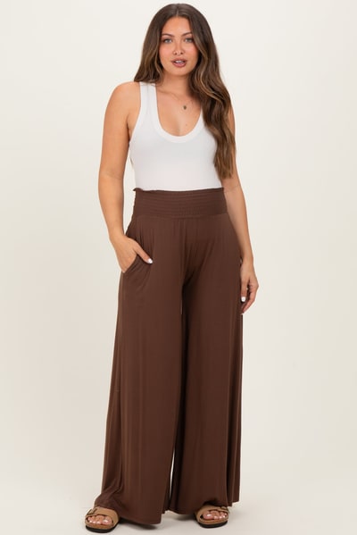 PinkBlush Brown Smocked Waist Wide Leg Maternity Pants