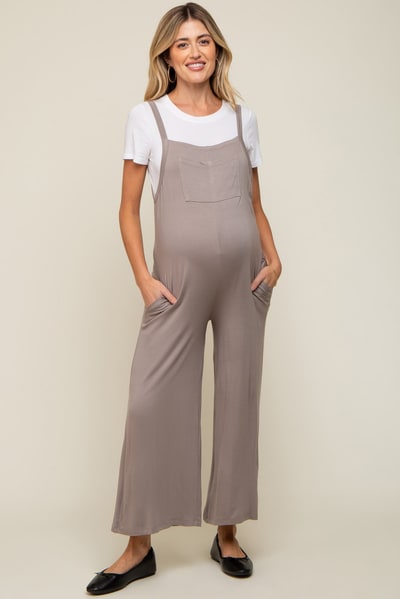 PinkBlush Taupe Sleeveless Pocketed Wide Leg Maternity Jumpsuit