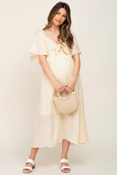 PinkBlush Cream Front Tie Ruffle Sleeve Maternity Midi Dress