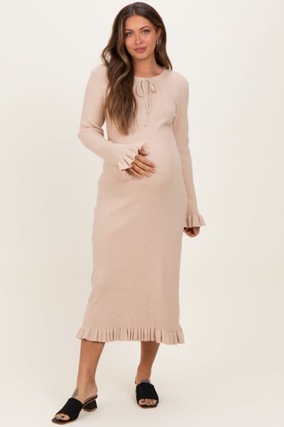 PinkBlush Beige Ribbed Knit Ruffle Trim Maternity Midi Sweater Dress