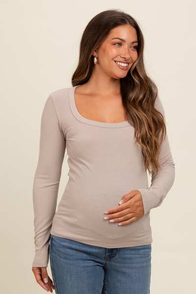 PinkBlush Beige Ribbed Square Neck Long Sleeve Maternity Top