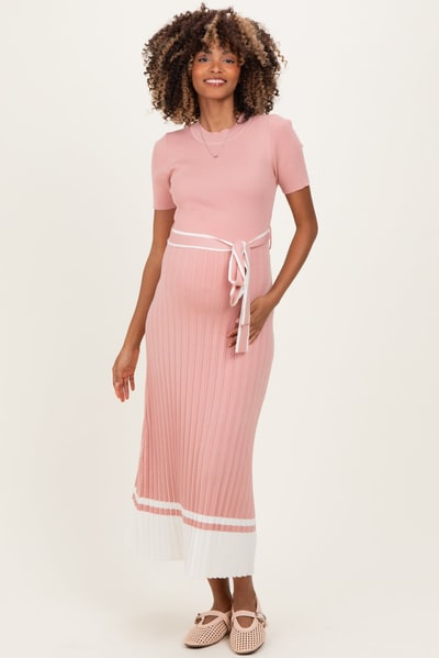 PinkBlush Mauve Knit Pleated Sash Tie Maternity Midi Dress