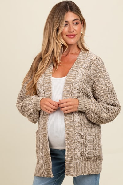 PinkBlush Olive Two Toned Oversized Cable Knit Maternity Cardigan