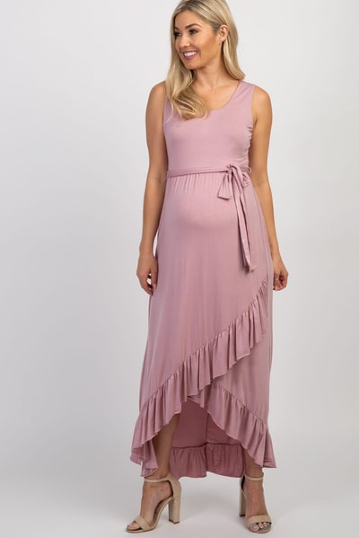 PinkBlush PinkBlush Mauve Sleeveless Hi-Low Ruffle Trim Maternity Maxi Dress