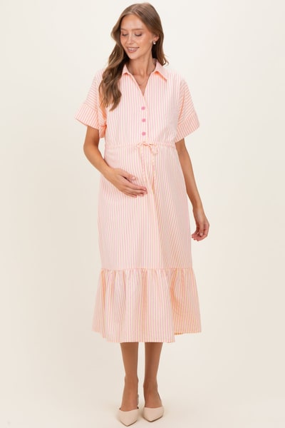 PinkBlush Yellow Striped Button Collared Maternity Midi Dress