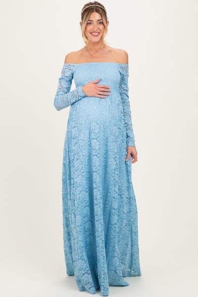 PinkBlush Light Blue Floral Lace Long Sleeve Off Shoulder Maternity Maxi Dress