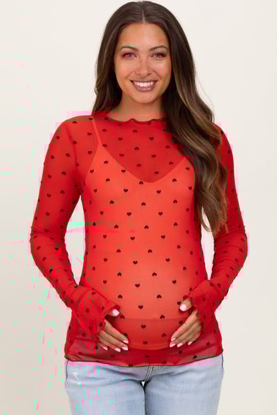 PinkBlush Red Mesh Heart High Neck Long Sleeve Maternity Top
