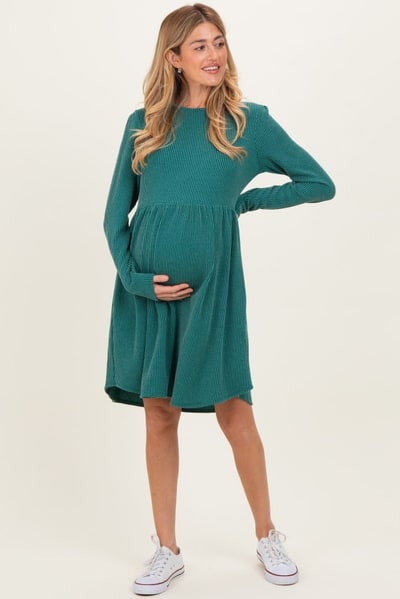 PinkBlush Forest Green Textured Rib Tiered Long Sleeve Maternity Dress