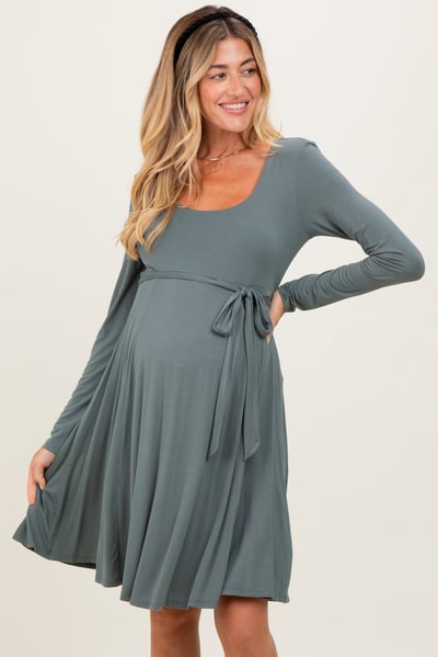 PinkBlush Olive Scoop Neck Long Sleeve Waist Tie Maternity Dress