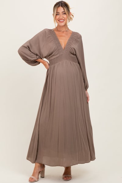 PinkBlush Mocha Solid Long Sleeve V-Neck Smocked Detail Maternity Maxi Dress