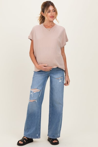 PinkBlush Blue Distressed Open Knee Maternity Wide Leg Jeans