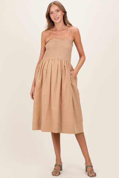 PinkBlush Light Taupe Shoulder Tie Smocked Maternity Midi Dress