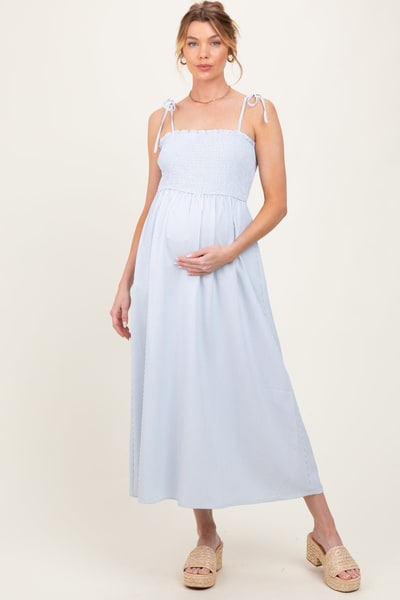 PinkBlush Blue Striped Shoulder Tie Smocked Maternity Maxi Dress