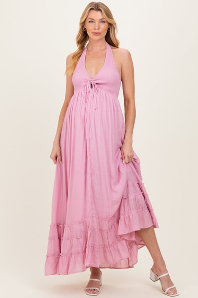 PinkBlush Pink Halter Neck Smocked Maternity Maxi Dress