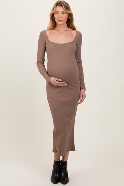 PinkBlush Taupe Square Neck Rib Long Sleeve Maternity Maxi Dress