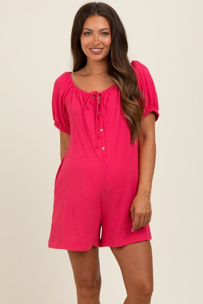 PinkBlush Fuchsia Button Up Front Tie Puff Sleeve Maternity Romper