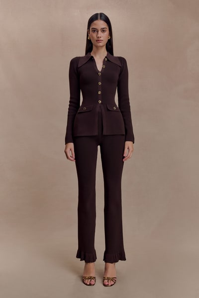 MESHKI Suzie Ribbed Flared Pants - Chocolate