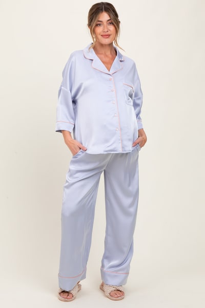 PinkBlush Light Blue Satin Contrast Trim Pajama Pant Maternity Set