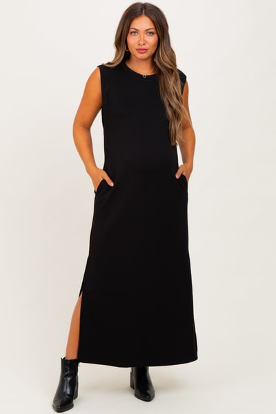 PinkBlush Black Sleeveless Side Slit Maternity Midi Dress
