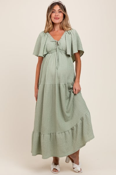 PinkBlush Sage Woven Textured Flutter Sleeve V-Neck Tiered Maternity Maxi Dress
