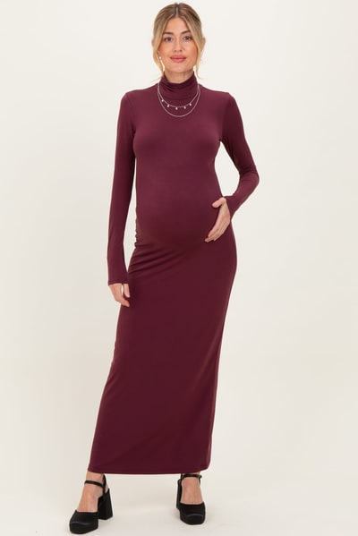 PinkBlush Burgundy Turtleneck Long Sleeve Maternity Maxi Dress