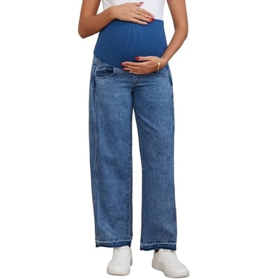 Target INSPIRE CHIC Women's Maternity Denim Pants Wide Leg Over the Belly Support Loose Straight Pregnancy Jeans with Pockets Medium Blue