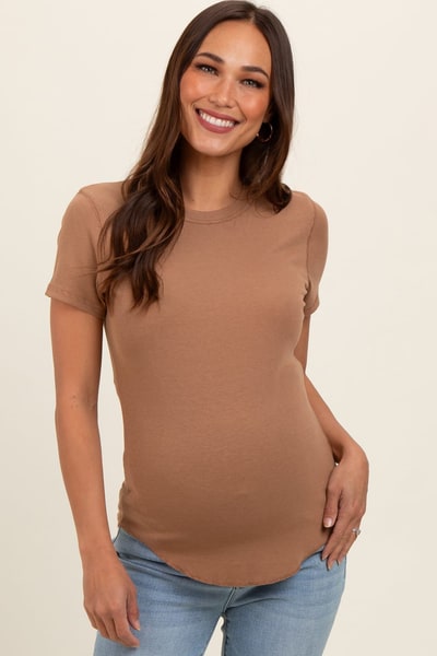 PinkBlush Camel Ribbed Short Sleeve Curved Hem Maternity Top