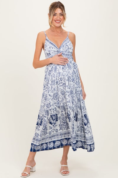 PinkBlush Ivory Floral Twisted Front Maternity Maxi Dress