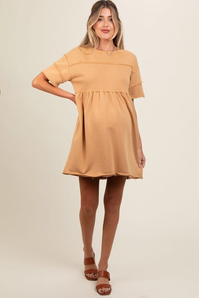PinkBlush Camel Raw Hem Maternity Short Sleeve Dress