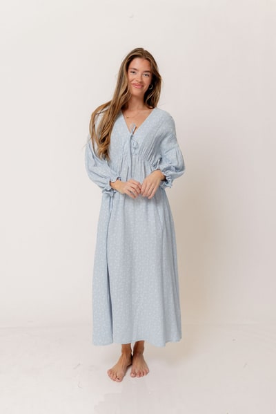 Worth Collective Hunter 100% Cotton Midi Dress in Baby Blue Foliage - Bump Friendly