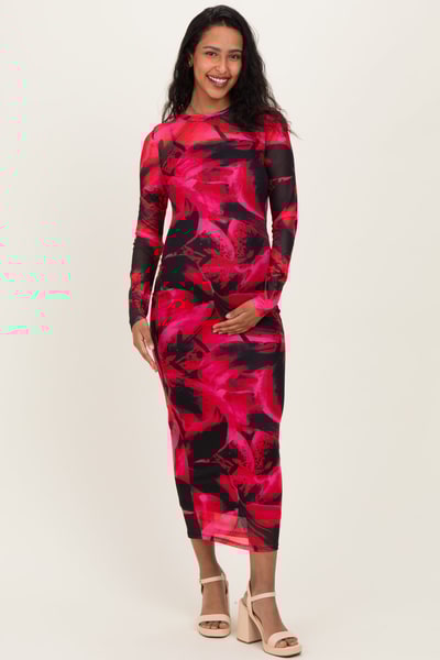 PinkBlush Red Abstract Print Mesh Overlay Maternity Maxi Dress