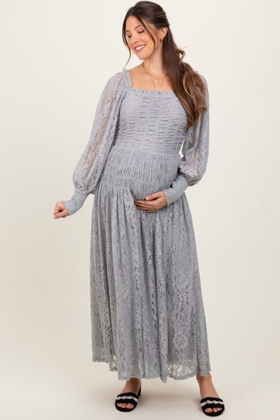 PinkBlush Heather Grey Lace Smocked Bubble Sleeve Maternity Maxi Dress