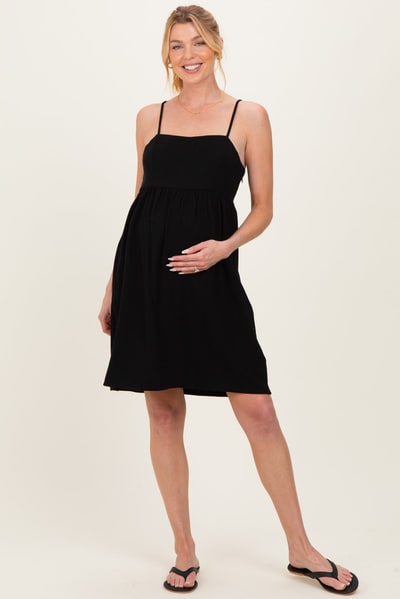 PinkBlush Black Linen Blend Bead Detail Maternity Mini Dress