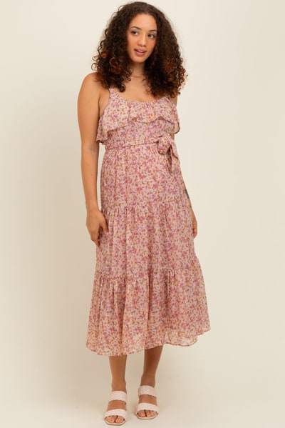 PinkBlush Pink Floral Ruffle Smocked Back Tiered Maternity Midi Dress
