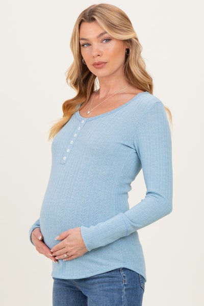 PinkBlush Light Blue Pointelle Knit Maternity Henley Top