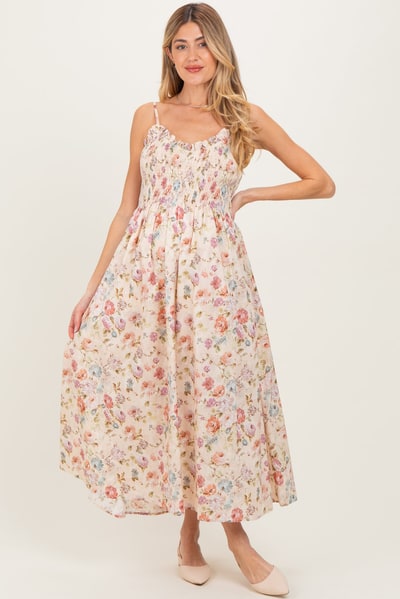 PinkBlush Cream Floral Smocked Ruffle Detail Maternity Midi Dress