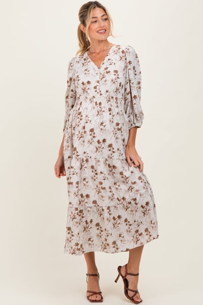 PinkBlush Cream Floral Button Front V-Neck Maternity Midi Dress