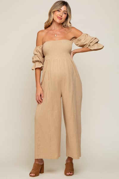 PinkBlush Beige Linen Smocked Off Shoulder Wide Leg Maternity Jumpsuit