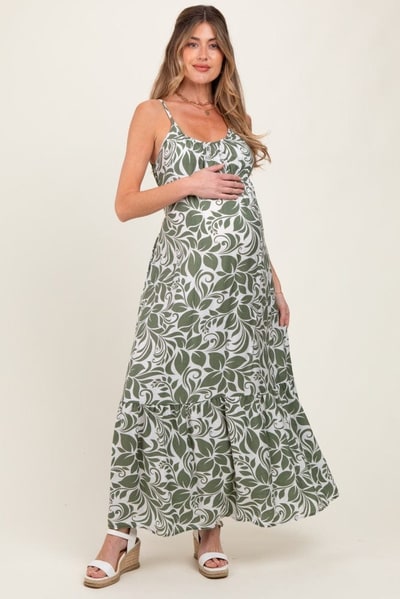 PinkBlush Olive Floral Waist Tie Maternity Maxi Dress