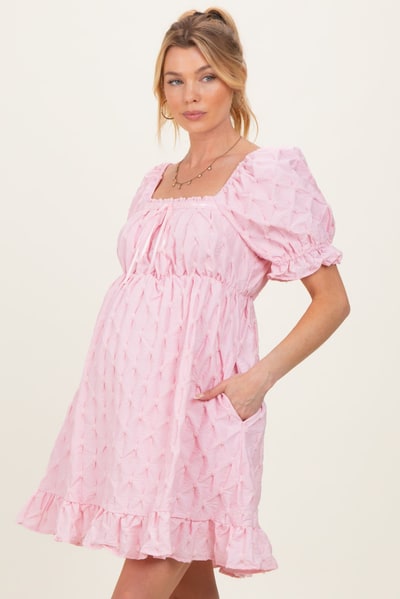 PinkBlush Pink Textured Puff Sleeve Maternity Dress