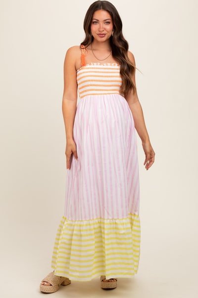 PinkBlush Multi-Color Striped Color Block Shoulder Tie Maternity Maxi Dress