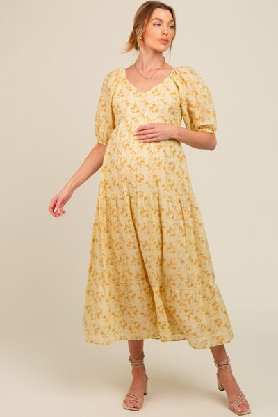 PinkBlush Yellow Floral V-Neck Tiered Maternity Midi Dress