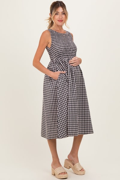 PinkBlush Black Gingham Smocked Sleeveless Maternity Midi Dress
