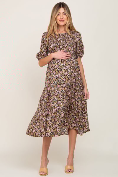 PinkBlush Multi-Color Floral Smocked Tiered Maternity Midi Dress
