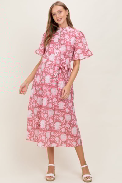 PinkBlush Pink Floral Ruffle Button Up Neckline Maternity Midi Dress