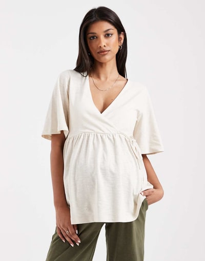 ASOS Mamalicious Maternity short sleeve wrap detail jersey nursing top in cream