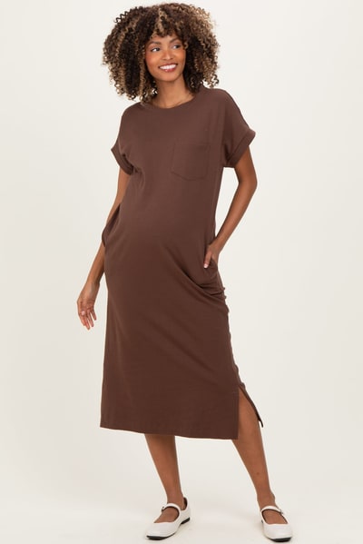 PinkBlush Brown Pocket Front Maternity Midi T-Shirt Dress