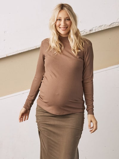 Angel Maternity Winter Basic- Ribbed Turtle Neck Maternity Top in Latte